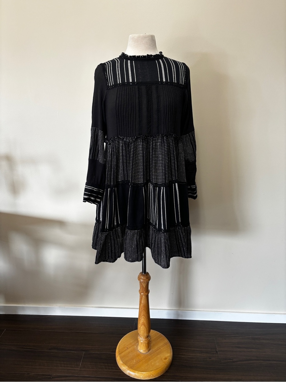 Zara Black Tiered Long-Sleeve Dress with Stripe Details